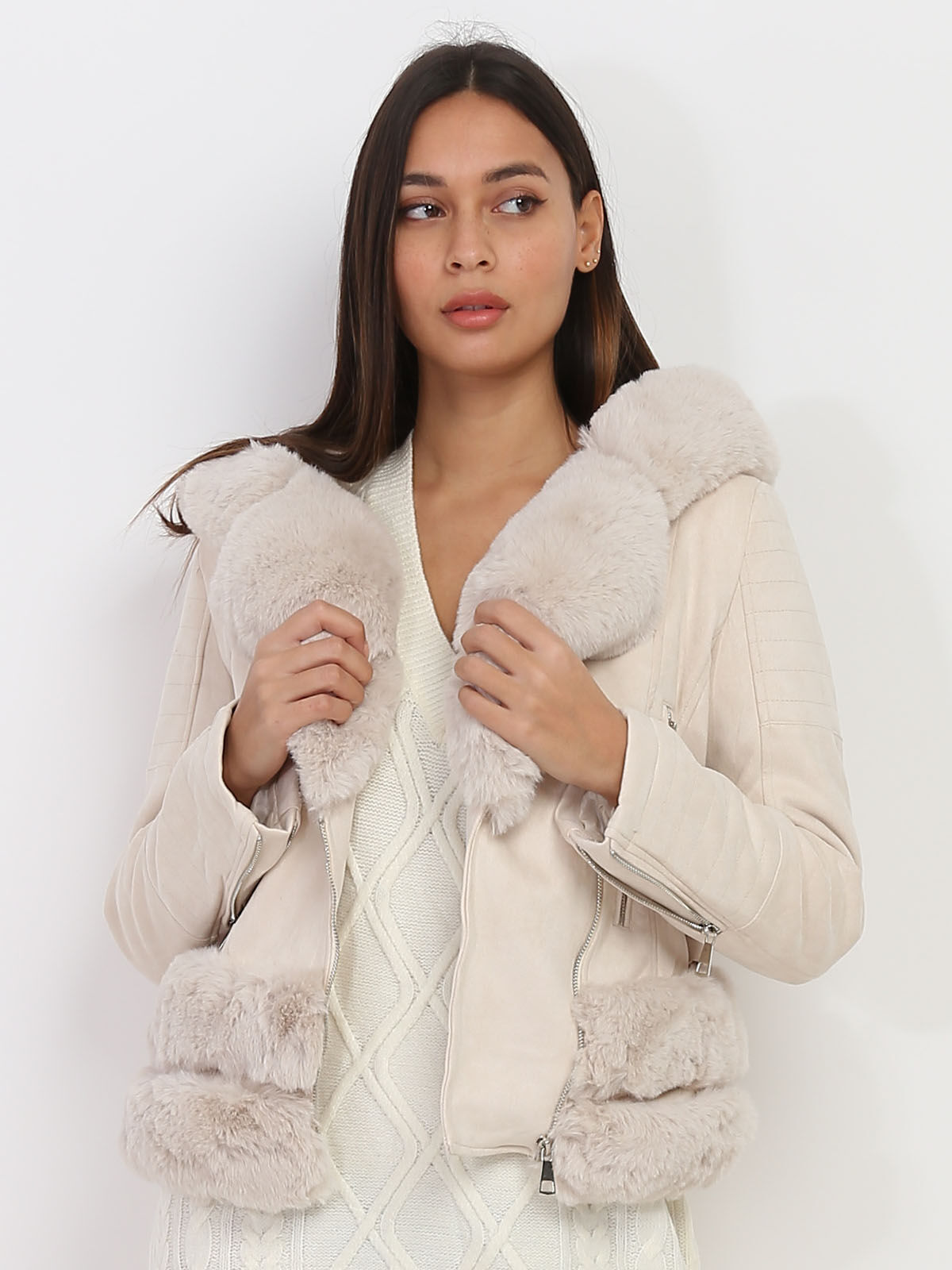 Veste en suédine et fausse fourrure- Beige