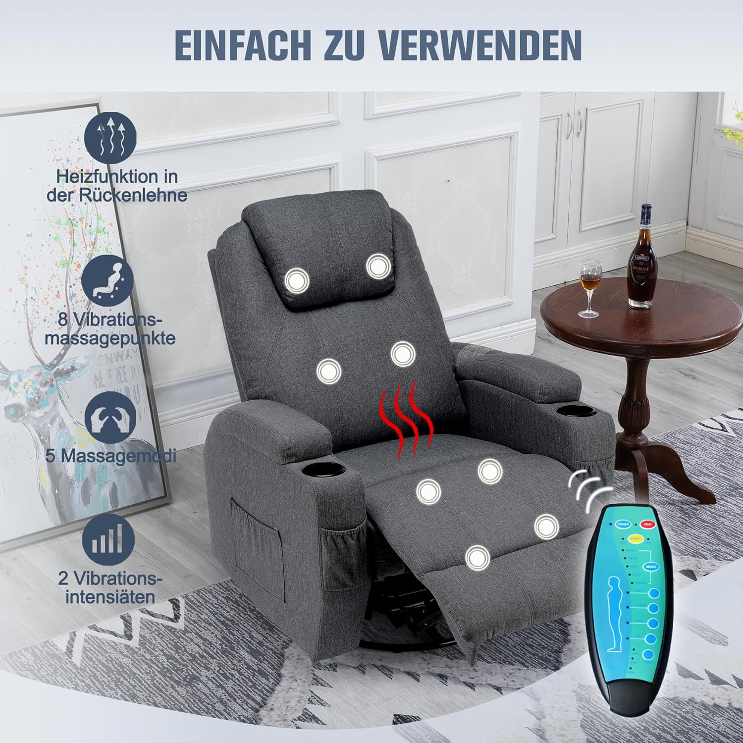 Fernsehsessel Relaxsessel Massagesessel mit Wärmefunktion und Vibration,Fernbedienung 360° Drehbar Leinen-Gray