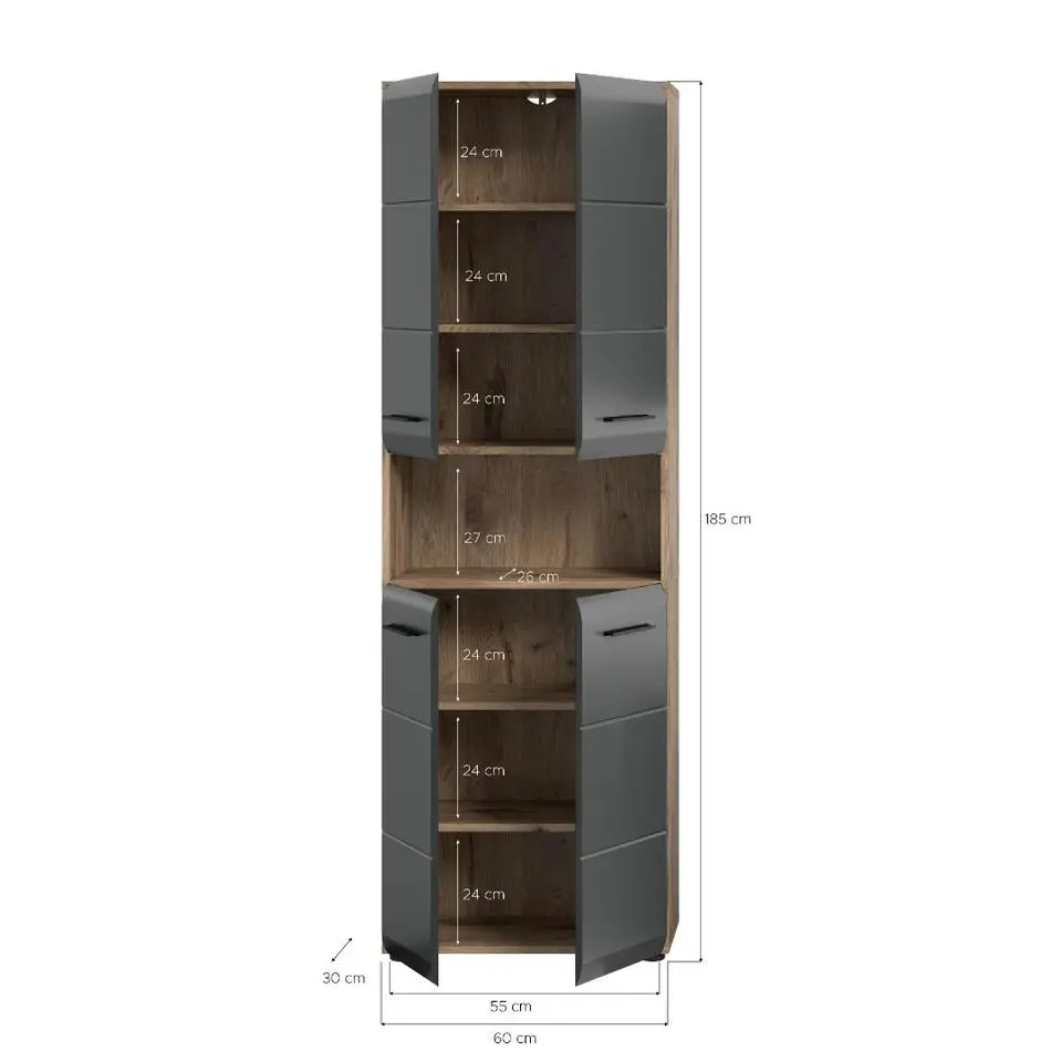 Hioshop Ice kolomkast 4 deuren- 1 plank zwart mat- eiken decor