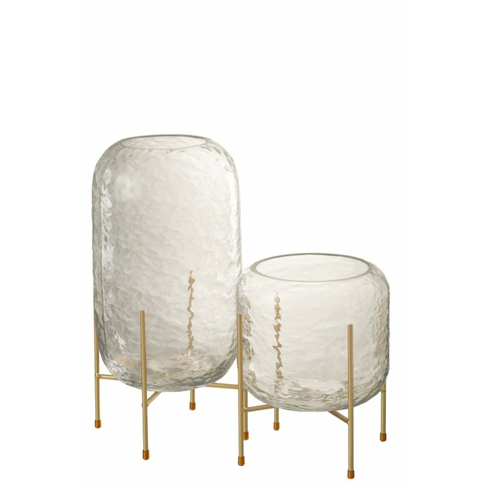 Vase rond en verre sur pied en métal doré 19x37cm