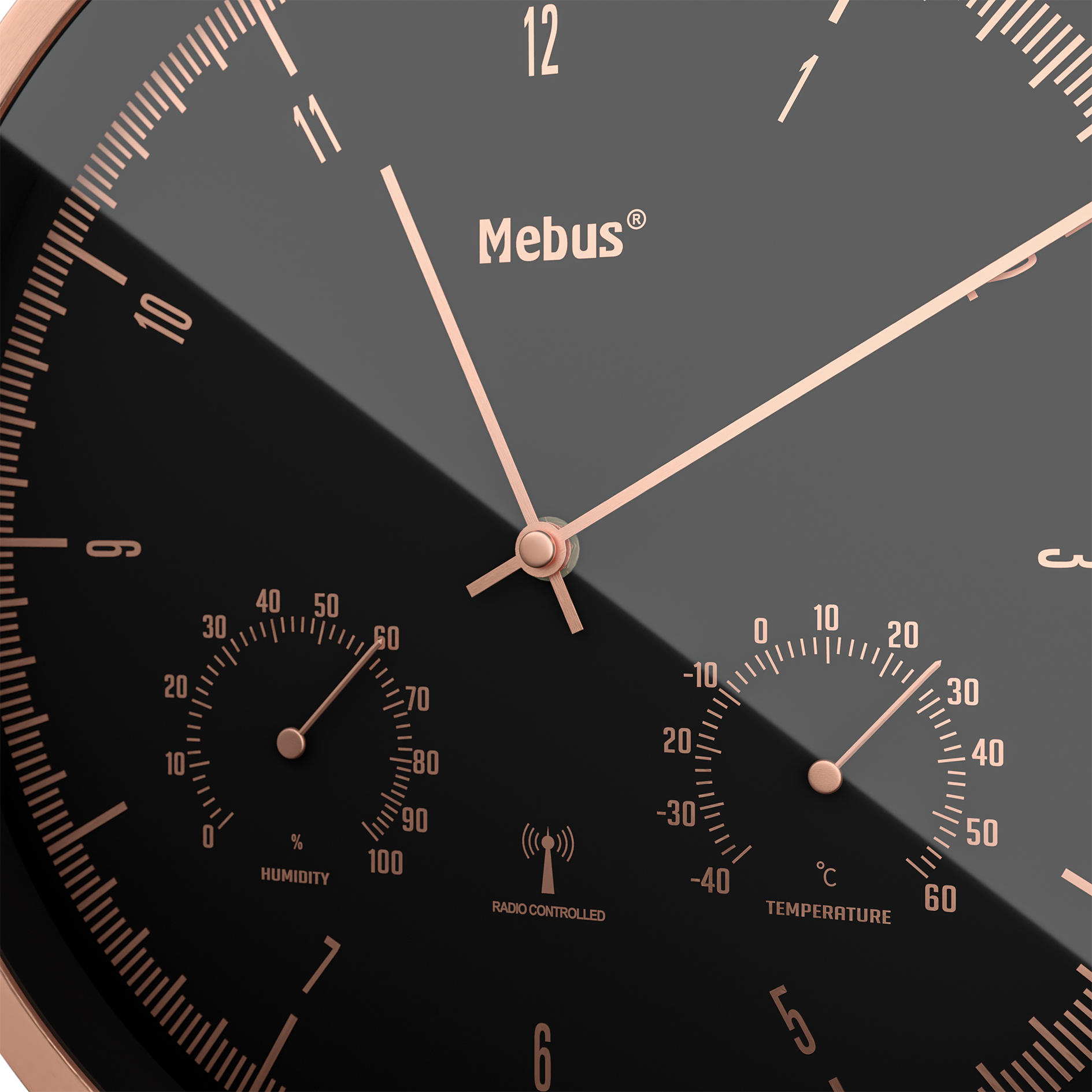 MEBUS Funk-Wanduhr - roségold-schwarz - Thermo-/Hygrometer - Ø 25 cm