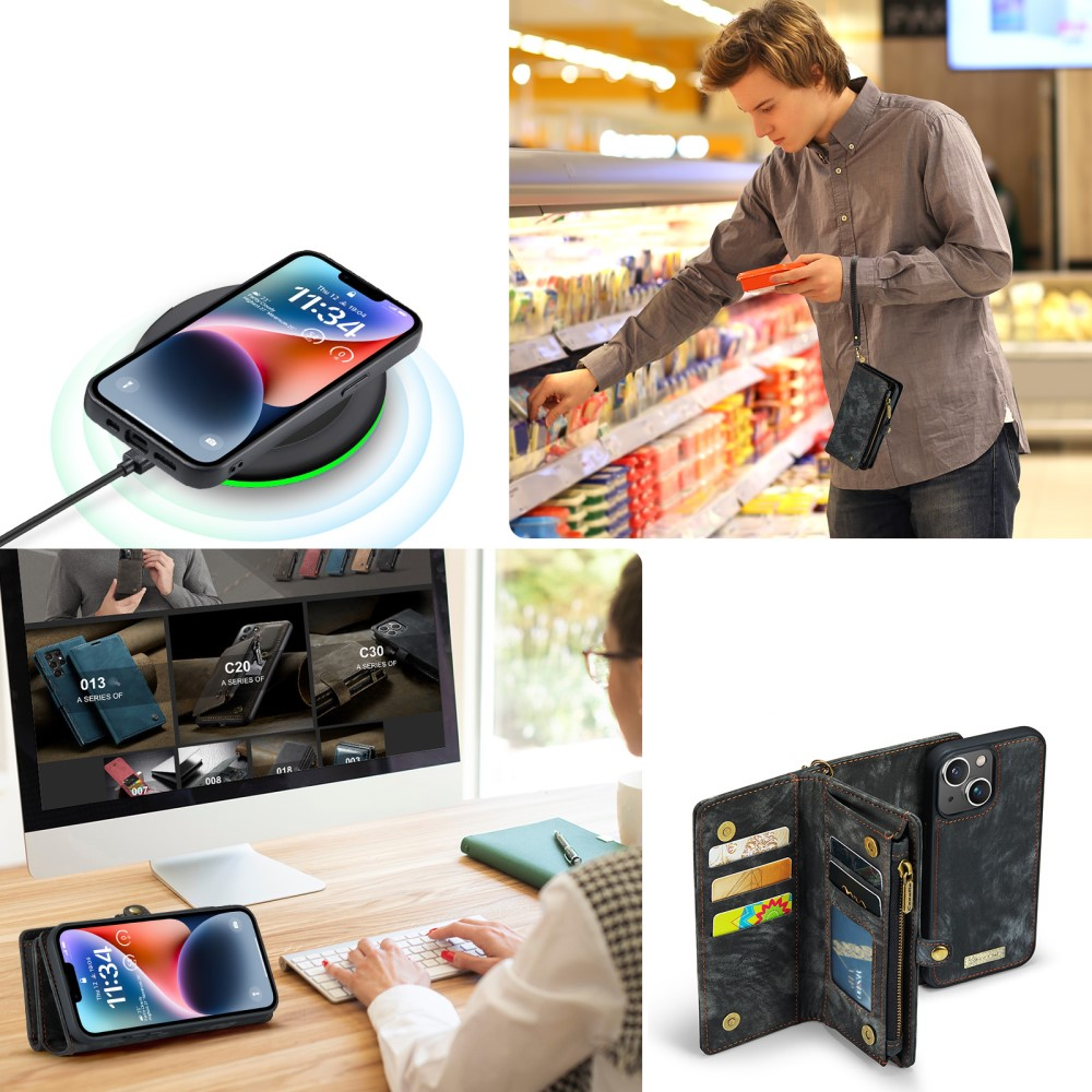 iPhone 15 2in1 Leder Tasche   Magnet Hardcase Karten Etui - Schwarz