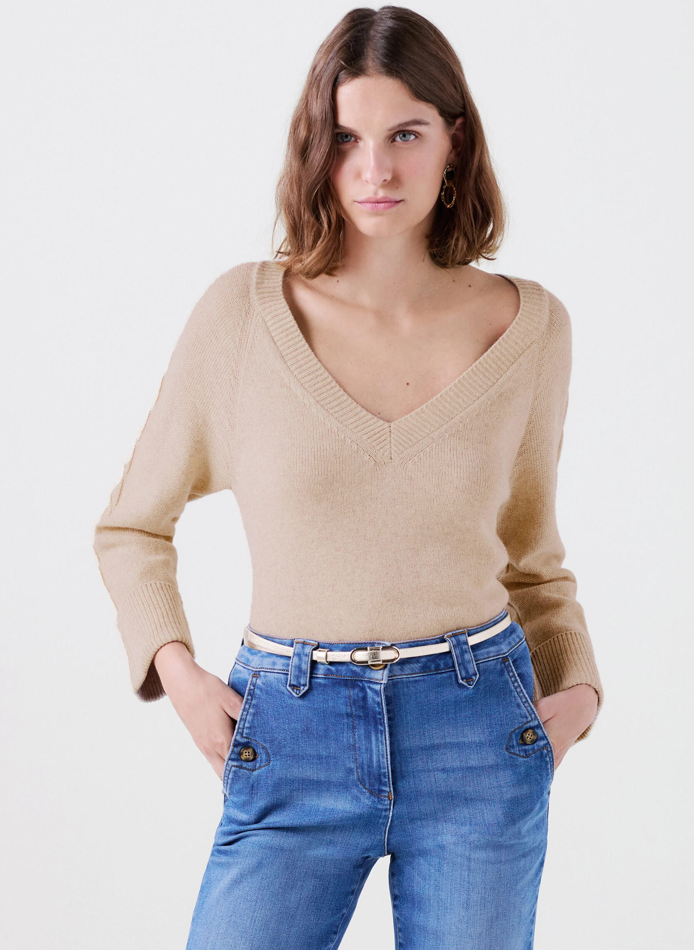 MJADE - Pull col V en laine mélangée | Beige