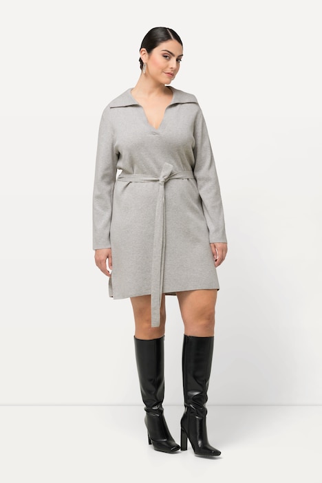 Strickkleid, Gürtel, Hemdkragen, V-Ausschnitt, Langarm