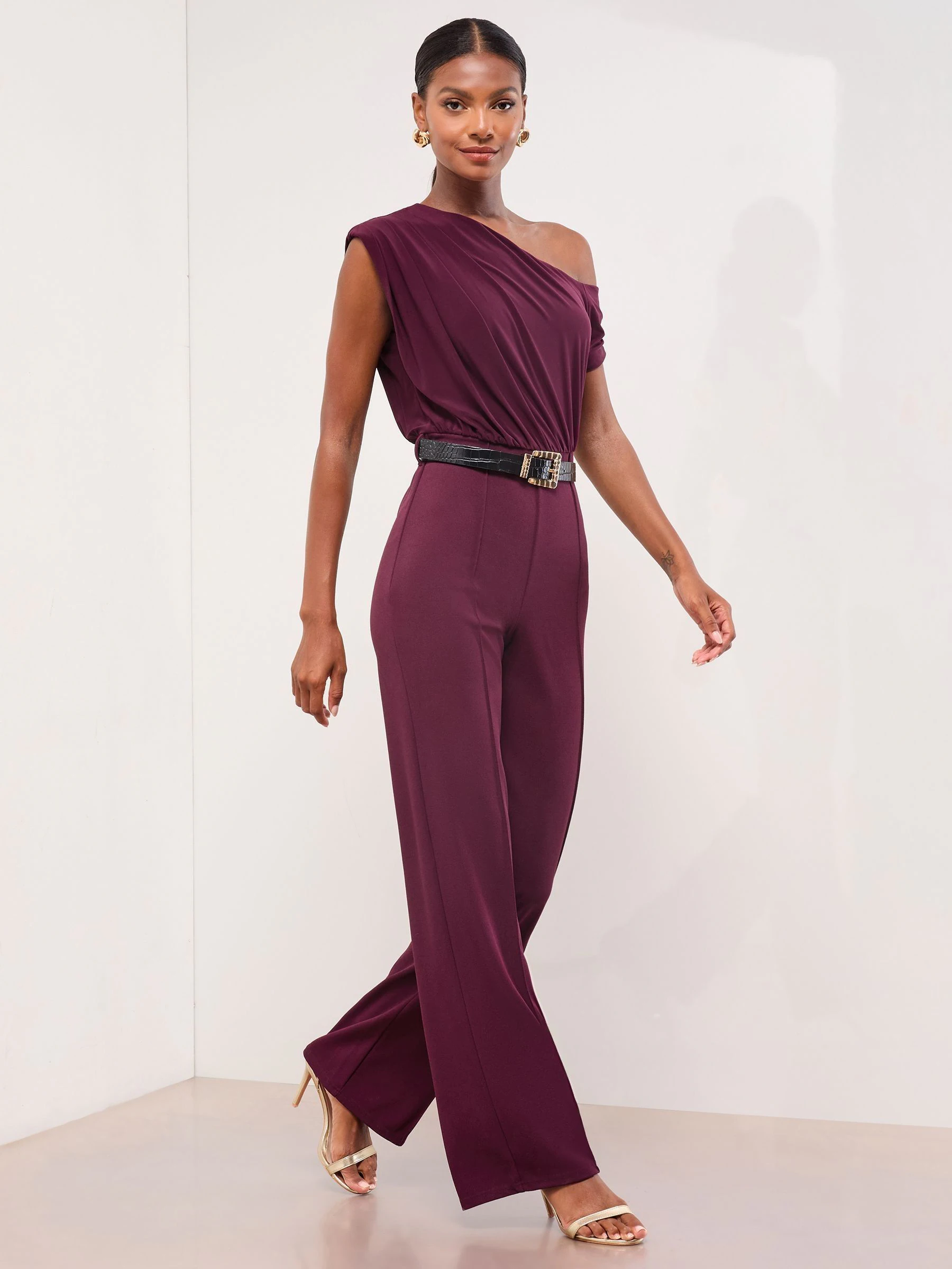 Bordeauxrood - Lipsy Off The Shoulder Jersey Woven Hybrid Mix Wide Leg Jumpsuit With Croc PU Belt