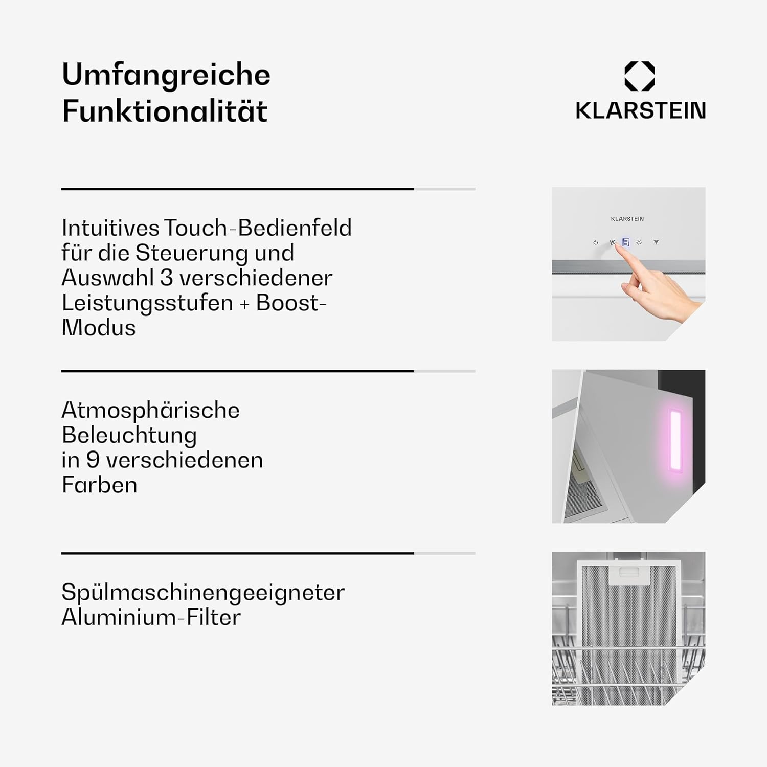 Klarstein BigBite Kopffreihaube - 60 cm Abzugshaube, 417 m³/h Boost, Touch-Bedienung, LED, A+++, Umluft & Abluft, leise, Glasdesign, 3 Stufen, inkl. Aktivkohlefilter, Weiß