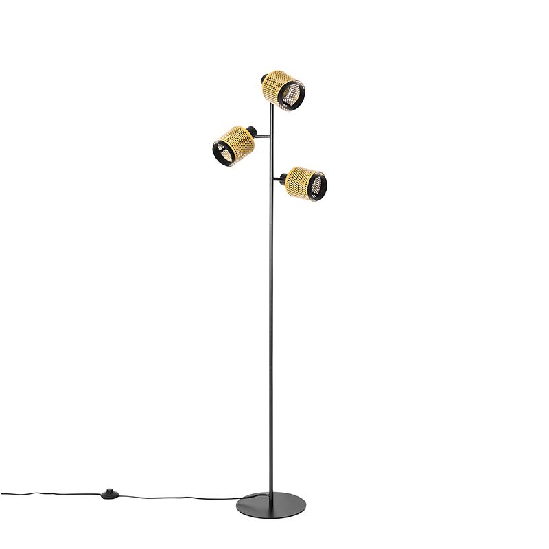 Industriële vloerlamp zwart met goud 3-lichts - Kayden