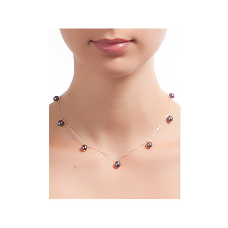Collier Ras du cou Femme 7 Perles de culture d'eau douce Pendantes Blanc ou Noir et Argent 925/1000