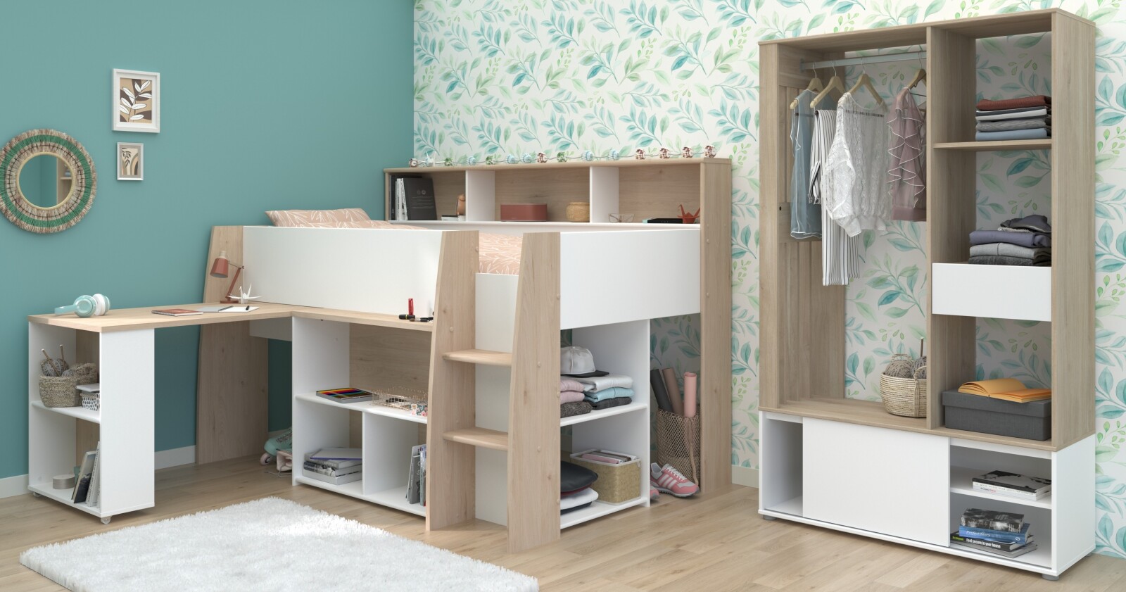 2-teiliges Hochbett-Set LUCAS - weiß - Japanische Eiche - mit offenem Kleiderschrank