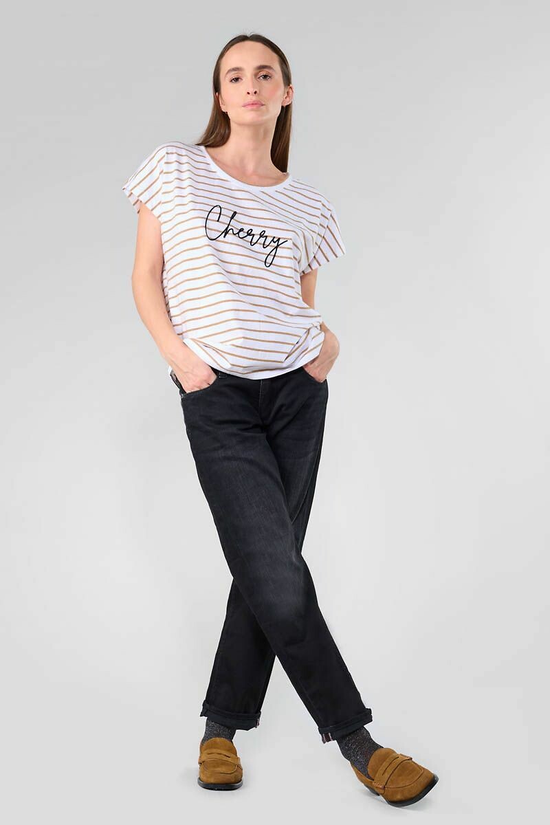 LE TEMPS DES CERISES<br>T-shirt listrada, bordado na frente