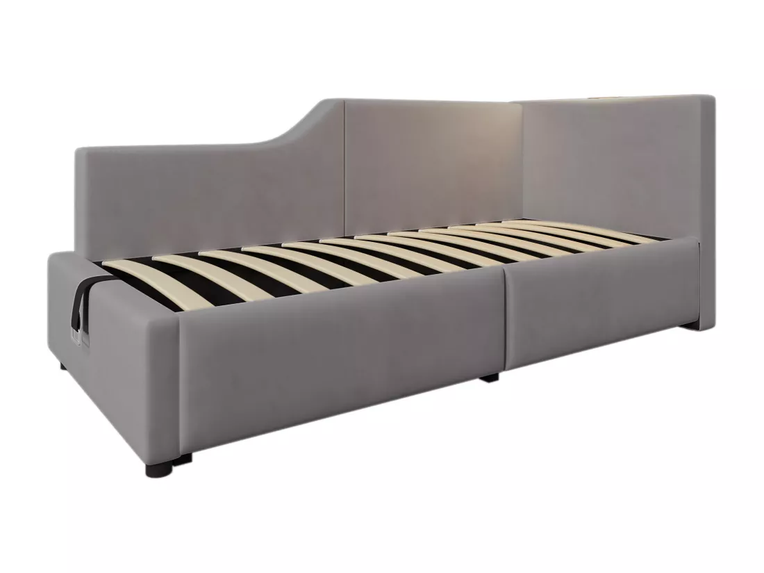 Lit coffre 90x190cm - Lit banquette en velours - avec liseuse et ports de charge - avec sommier à lattes - Gris