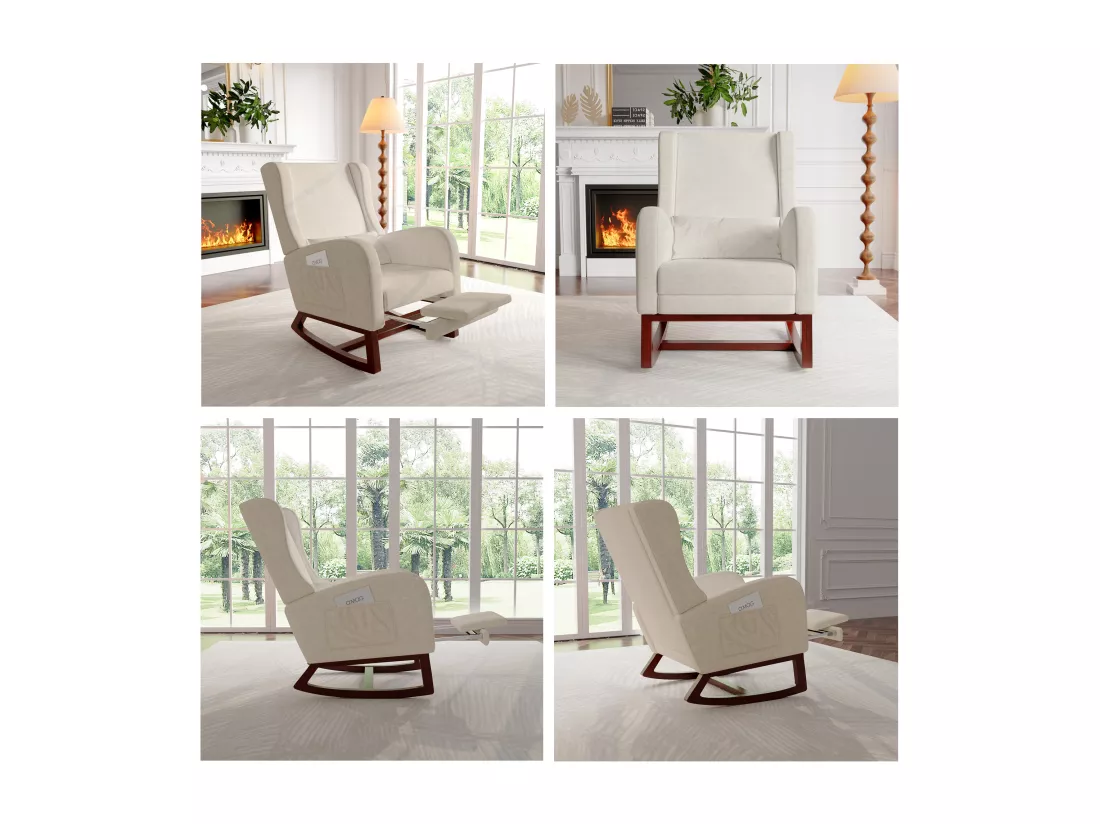 Fauteuil à Bascule avec Repose-Pieds, Fauteuil de Relaxation de Salon, Rocking Chair avec Aspect Velours, capacité de Charge jusqu'à 150 kg, pour Salon, Chambre, 64 x 67 x 99 cm (Beige)