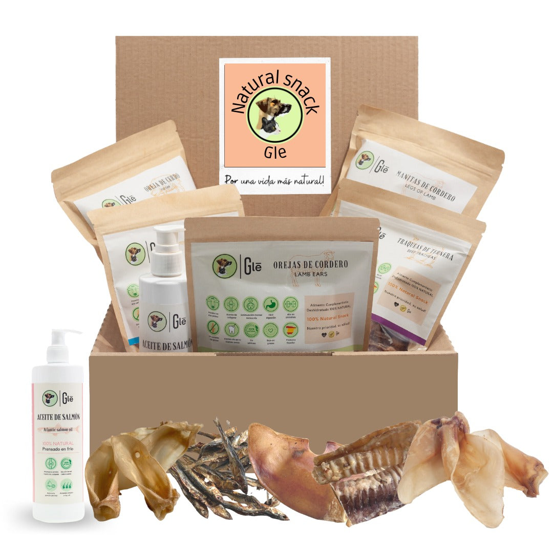 Caixa de petiscos naturais GLE Pets, presentes para cães, recompensas saudáveis, 5 saquinhos sortidos + óleo de salmão para cães (250 ml) Caixa coral