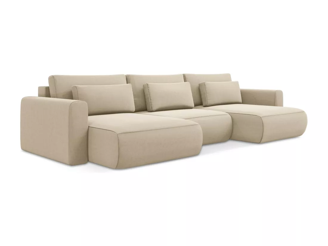 Canapé d'angle panoramique convertible en velours - beige clair - KAPUA