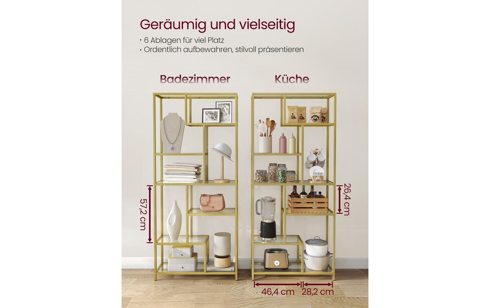 Regal 6 Ablagen 80 x 180.3 cm, Gold<br>Regal mit diversen Glasablagen
