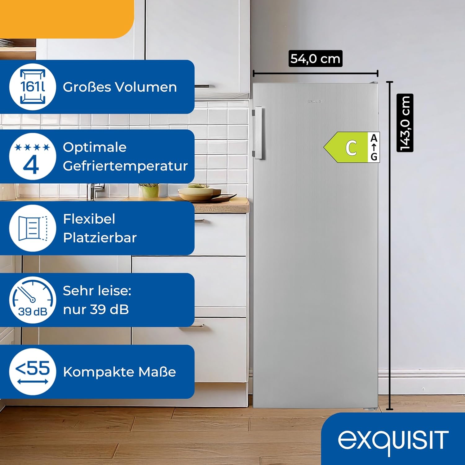 Exquisit Gefrierschrank, 161 Liter, No-Frost, LED-Anzeige, leise, GS5231-NF-H-040C inoxlook