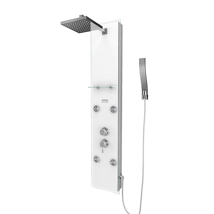 Colonne de douche hydromassante mécanique avec pommeau + douchette + flexible, blanc, Galedo Glass