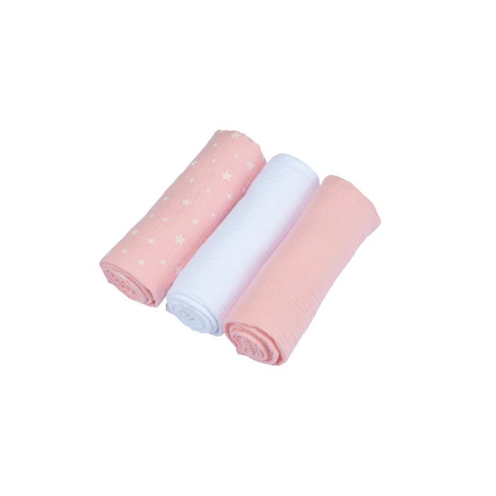 SET 3 LANGES GAZE DE COTON 70X70CM ROSE ET BLANC