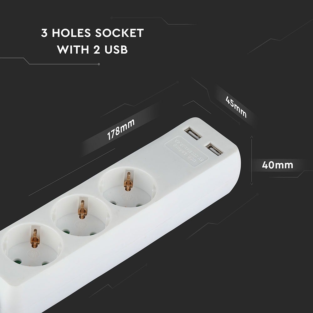 3-voudige stekkerdozen - USB - IP20 - Wit - 1,5 m kabel