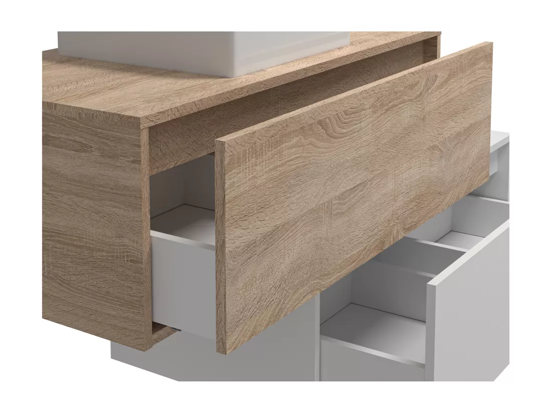 Meuble de salle de bain suspendu blanc et naturel clair avec simple vasque carrée et deux tiroirs - 94 cm - TEANA II