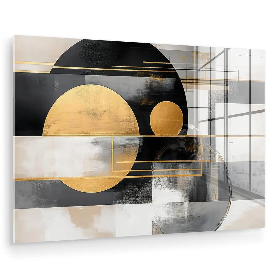 MuchoWow Glasschilderij 90x60cm Abstract Goud Zilver Vormen