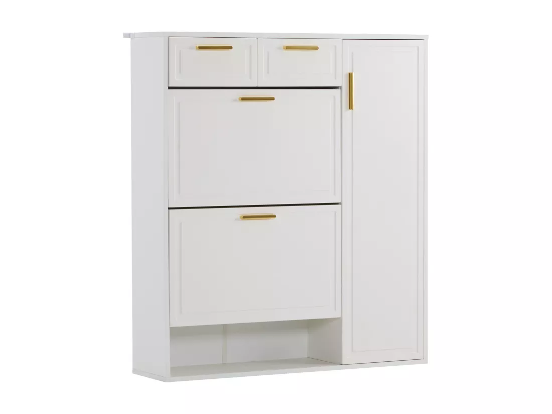 Meuble à chaussures avec 3 portes et 2 tiroirs - 95 x 24 x 107.5 cm - Etagères réglables - Panneau de particules - Blanc