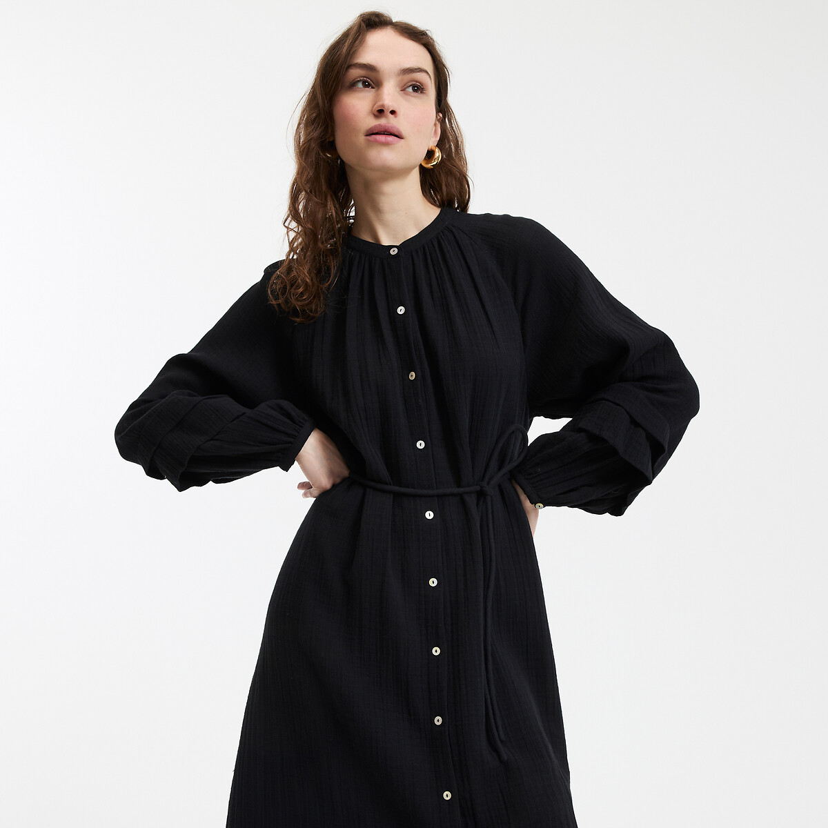 COLEÇÃO LA REDOUTE<br>Vestido longo evasê com decote redondo e mangas compridas
