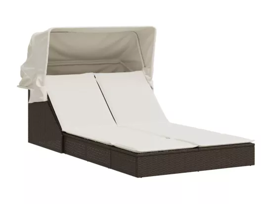 Chaise longue double avec auvent et coussins marron poly rotin