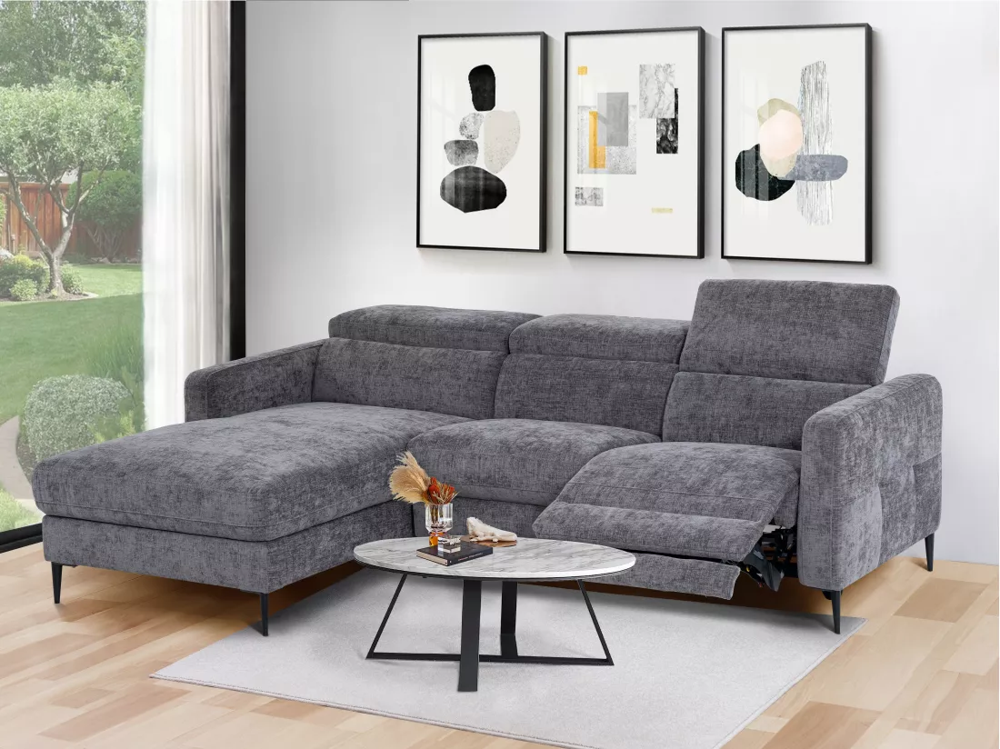 Canapé d'angle gauche relax électrique en tissu gris anthracite FUSETA