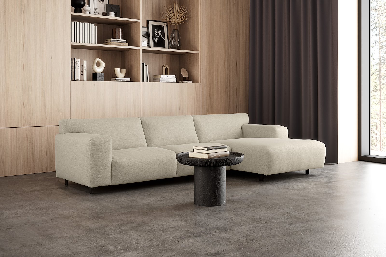 Vesta 2,5-seter med sjeselong høyre I Tekstil Cortina Sand, standardsøm, sort metallben 10 cm, Comfort CM