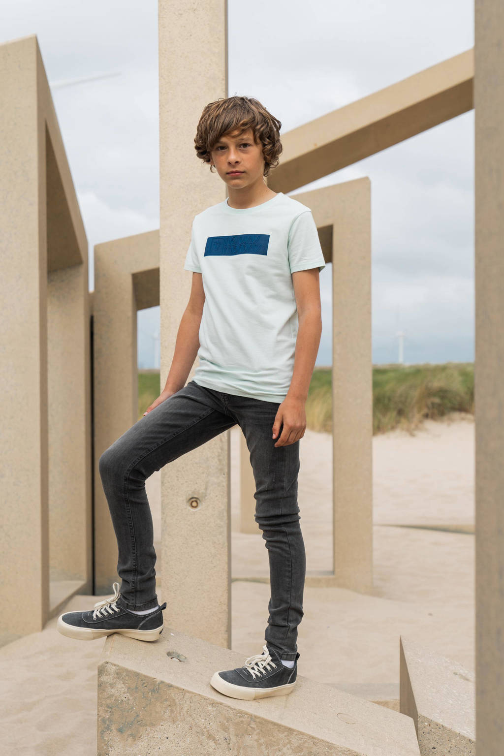 No Way Monday T-shirt met logo lichtblauw