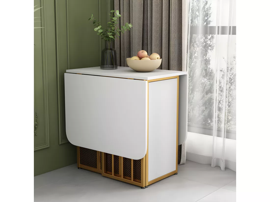 Table à manger pliante rétractable polyvalente avec étagères de rangement - Panneaux de particules - Blancs & Doré