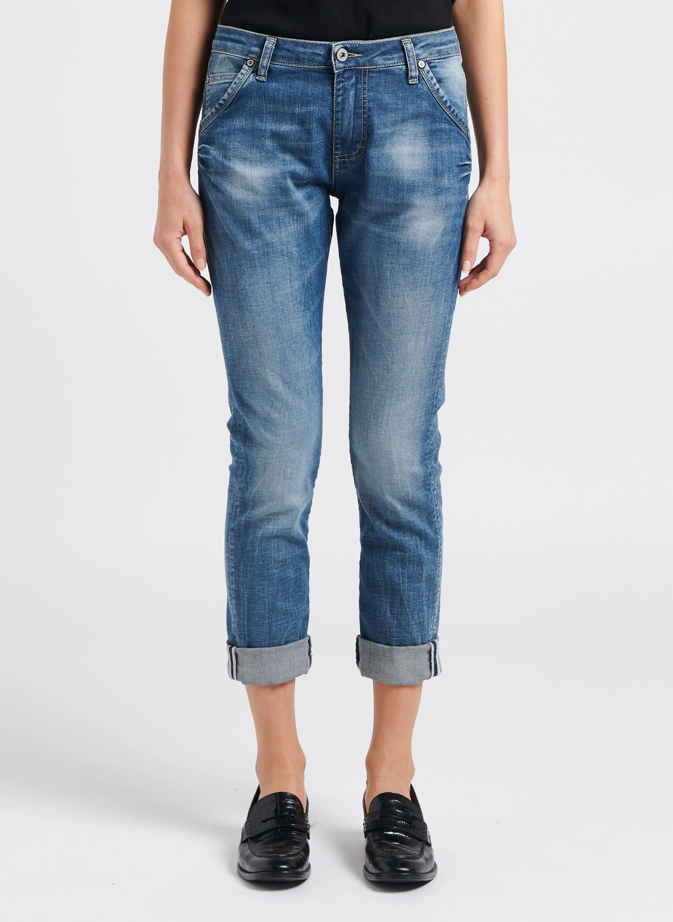 Jean droit délavé en coton| Bleu