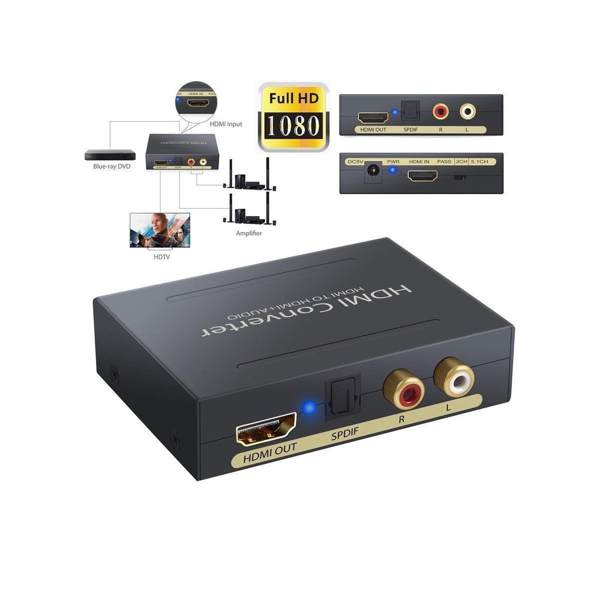 NÖRDIC HDMI Audio Extractor 1XHDMI inngang til 1xHDMI 4K i 30 Hz, 1XTOSLINK og 2XRCA-utgang