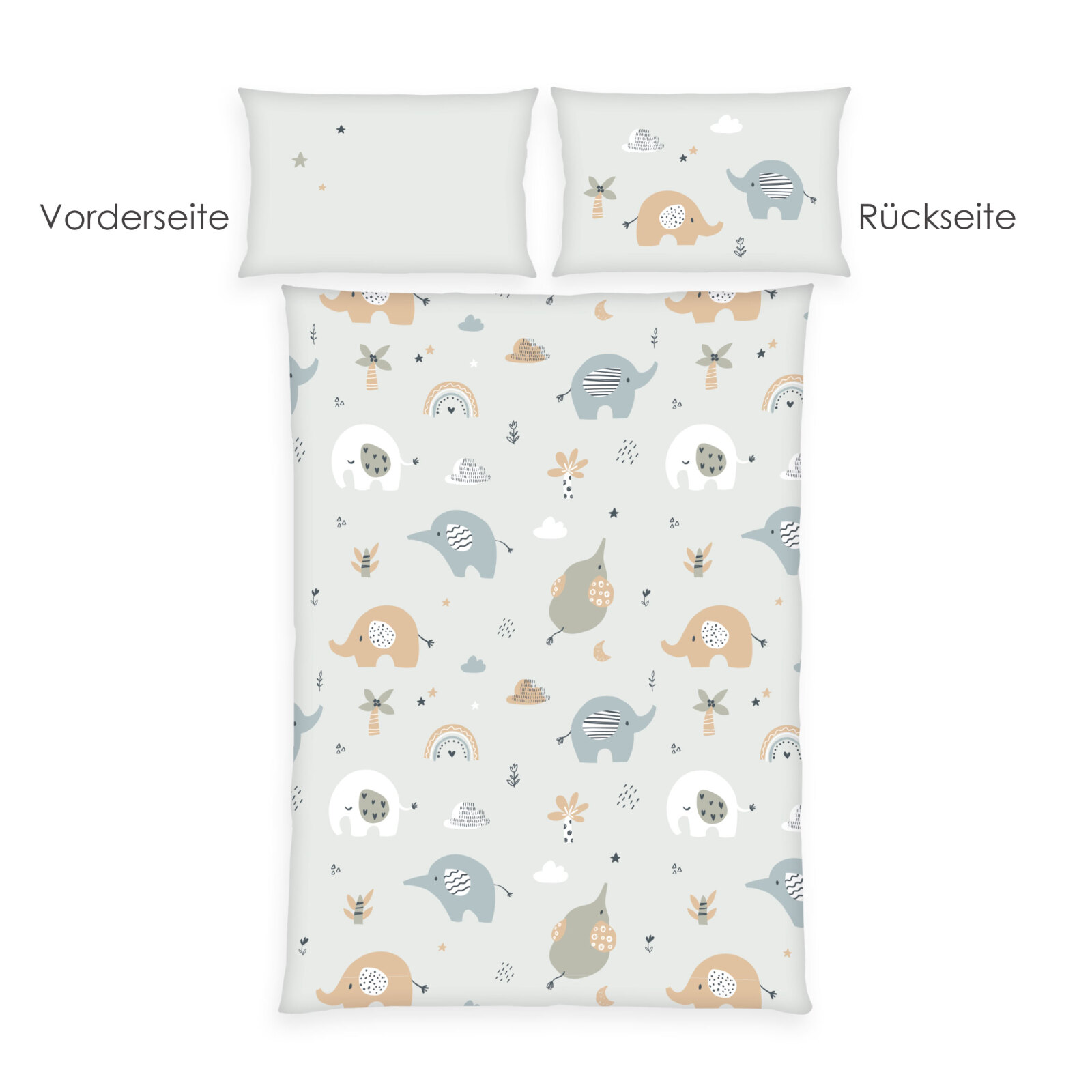 Flanell-Bettwäsche ELEPHANTS - grau-mehrfarbig - 100x135 cm