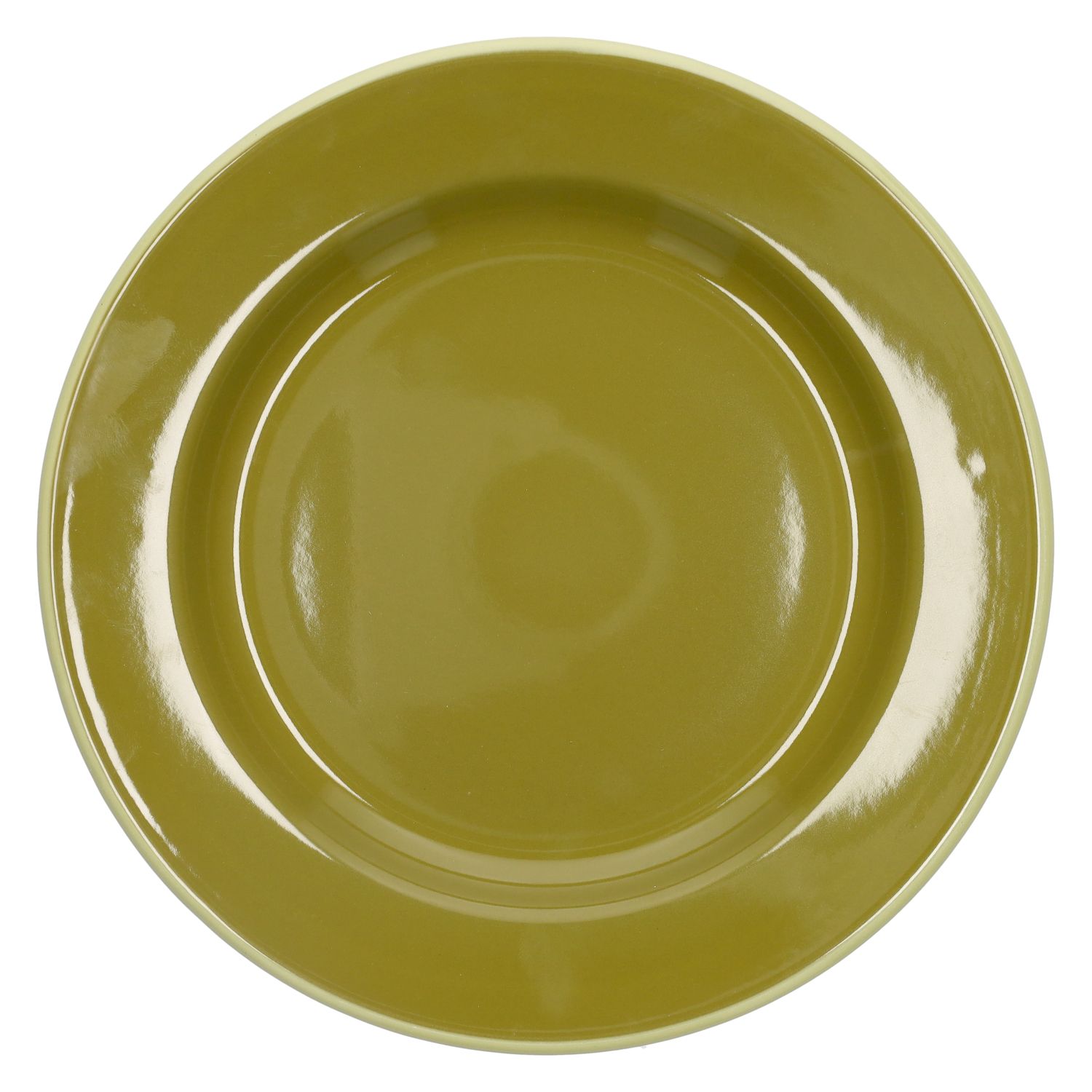 Bord, emaille, olijfgroen met lichtgroen randje, Ø26 CM