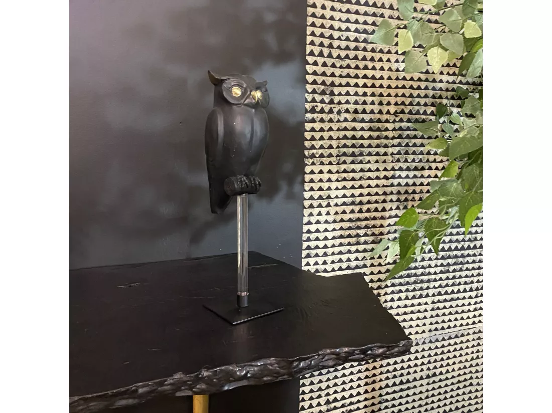 Now's Home - Hibou Grand Duc Sur Pied Noir Mat Et Doree 10x12x41cm Owly Boly