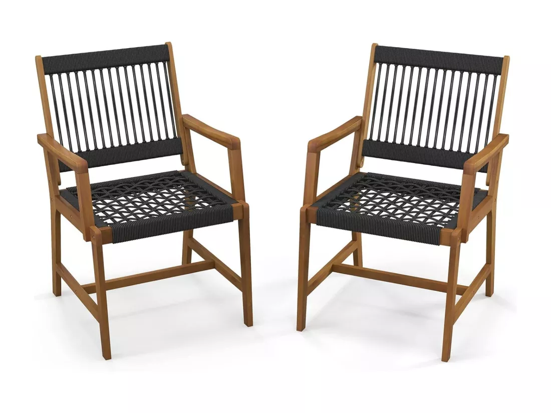 Chaises de Jardin Extérieur Lot de 2 en Bois d’Acacia, Chaise de Salle à Manger en Corde avec Accoudoirs, Fauteuil Jardin Extérieur Intérieur pour Terrasse Patio Cour Cuisine, Charge 160 KG
