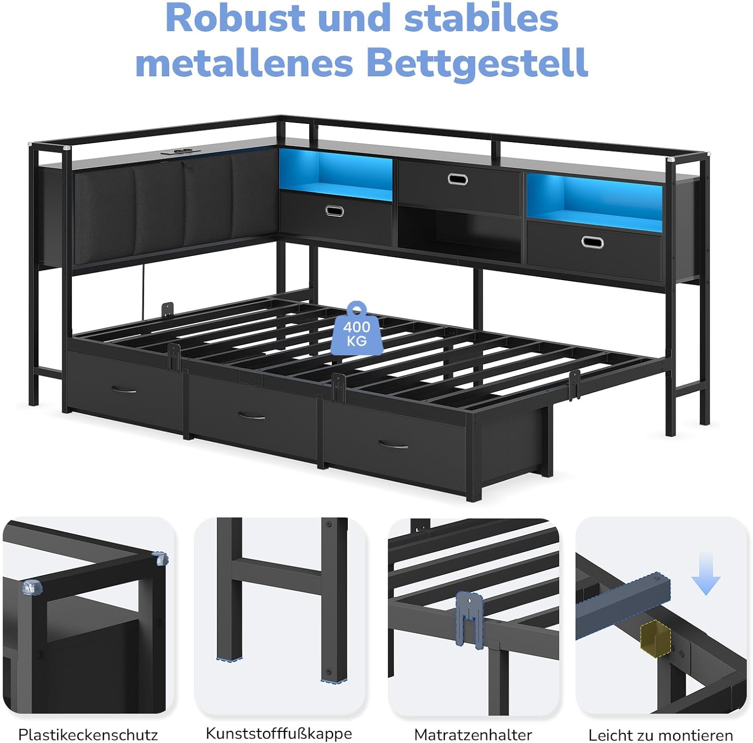 Schlafsofa mit LED-Beleuchtung und Ladestation(2 AC-Steckdosen + 2 USB-Anschlüsse) Jugendbett 90x200 cm mit 6 Schubladen, Tagesbett 90x200 cm, Gepolsterte Rückenlehne mit verstecktem Stauraum