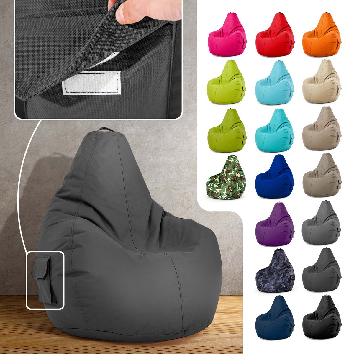 Green Bean Zitzak met rugleuning 80x70x90cm - Gaming stoel met 230L vulling, comfortabel, zacht, wasbaar - Zitzak vloerkussen, loungestoel, voetenbank, relaxstoel, gamerstoel, antraciet