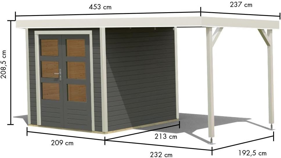 Hybrid Gartenhaus Hollywood inkl. Fußboden optional mit Anbau Gartenlaube Geräteschuppen Gartenhütte (Terragrau mit Anbau)