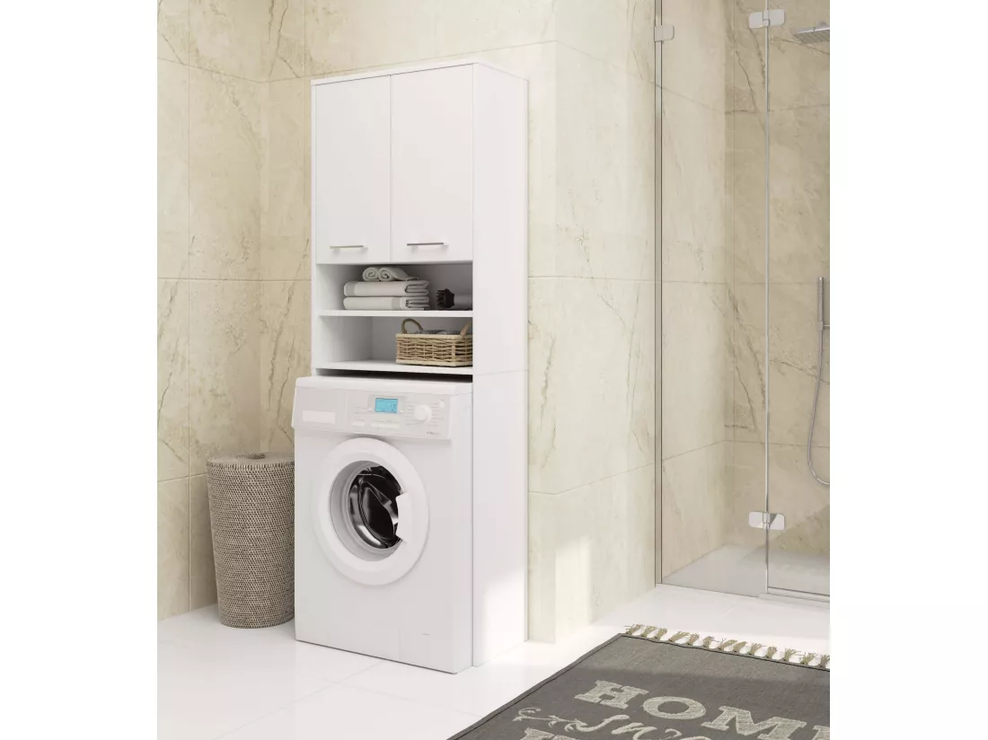 Meuble pour machine à laver FIN Blanche 64 cm 2 portes façade Blanche niche 4 étagères 64x30x180 cm
