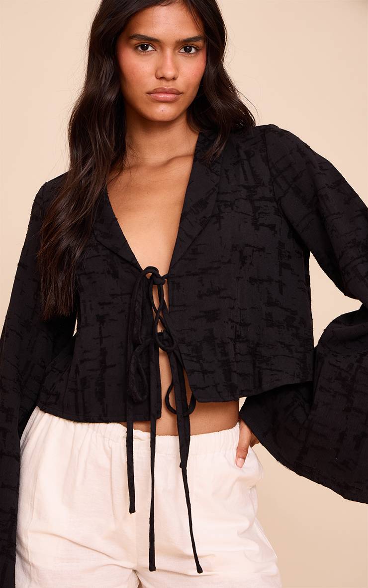 Noir Chemise Texturée Légère En Tissu Tissé Avec Nœud Devant