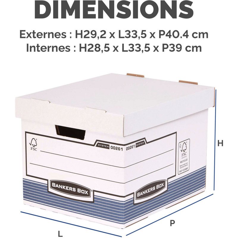 Caisse archives carton standard automatique Bankers box by Fellowes - H 29,20 x L 33,50 x P 40,40 cm - Montage facile - Bleue