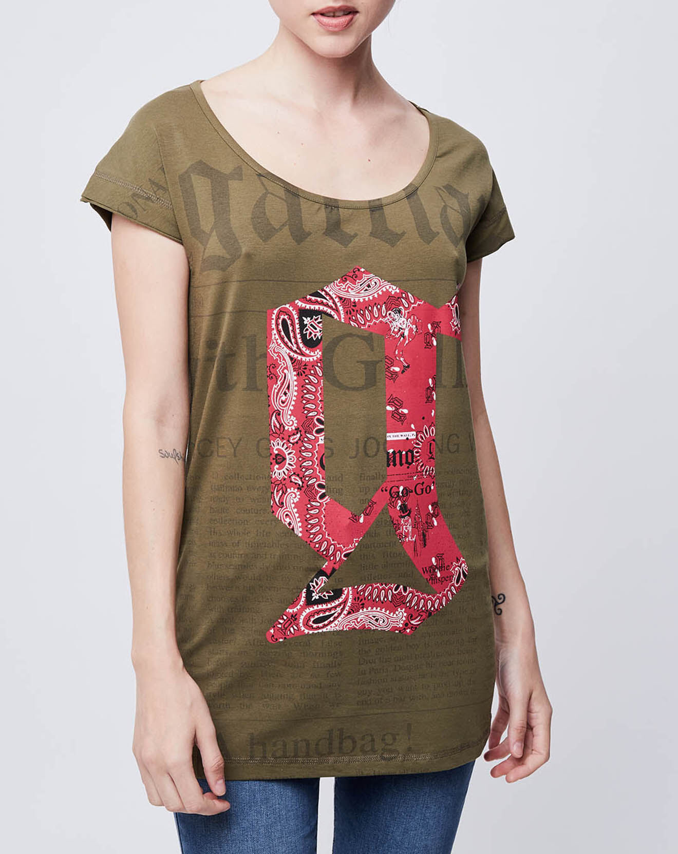 John Galliano T-Shirt imprimé kaki foncé/rouge
