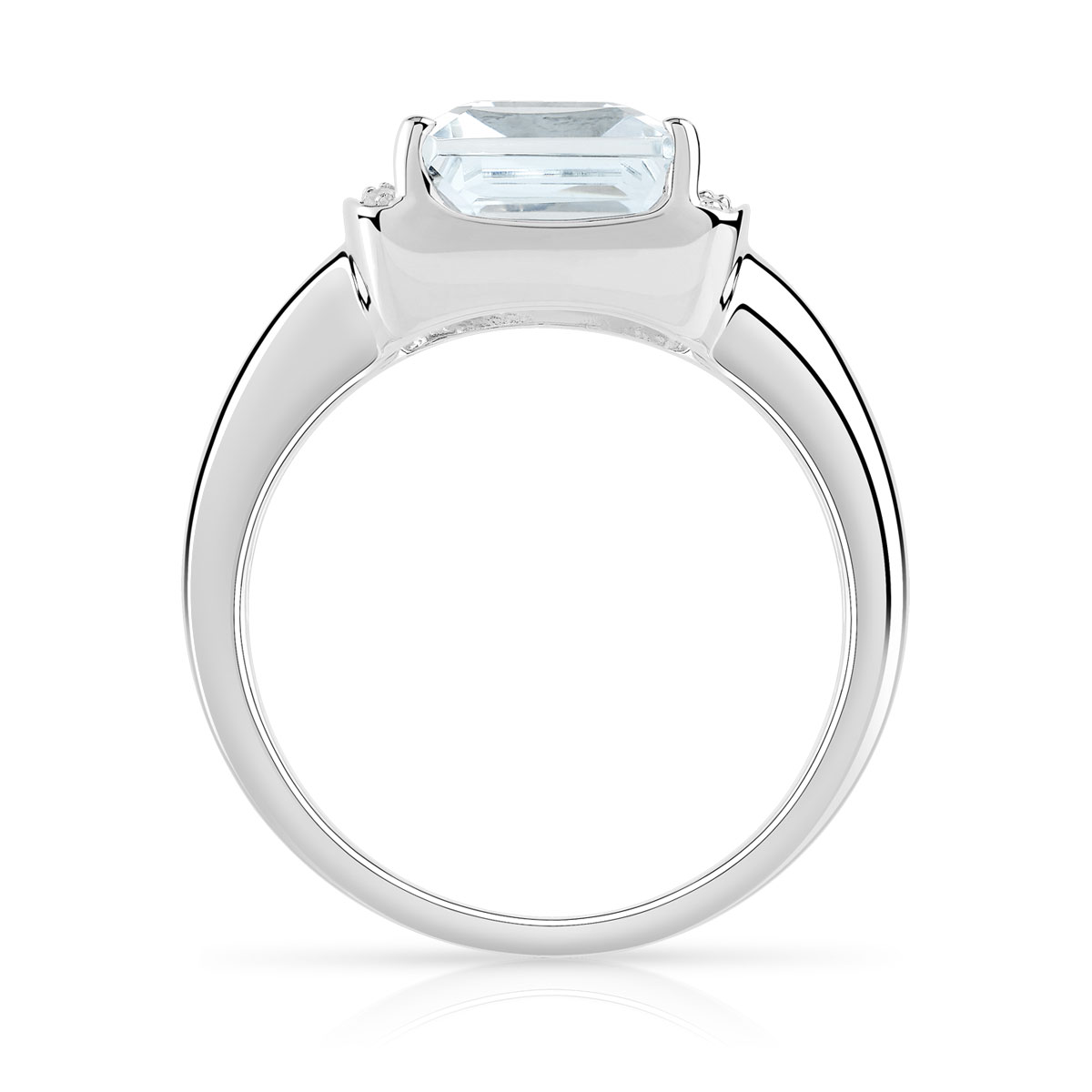 Bague or 375 blanc aigue-marine rectangulaire et diamants