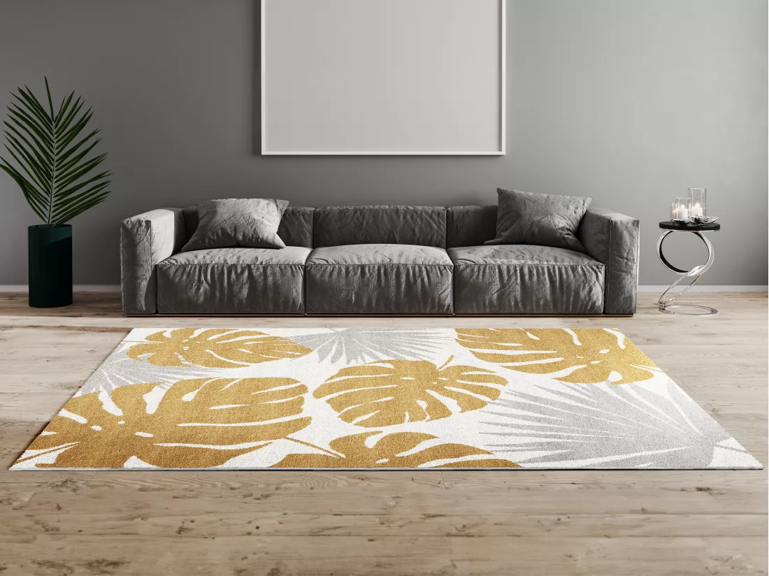 Tapis tropical à motifs palmiers - 160 x 230 cm - Gris et doré - TROPISIA