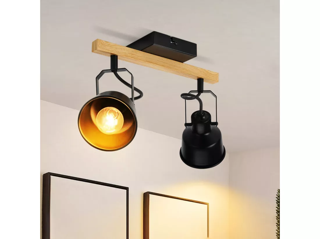 NETTLIFE Spot de Plafond 2 Flammes Orientable à 350° Vintage Douille E14 de conception de haute qualité en bois veiné
