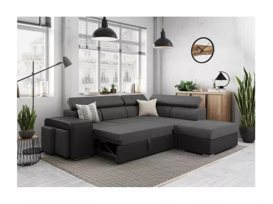 Canapé d'angle droit 3 places Soan convertible en simili et tissu - Gris / Noir - L262 x P220 x H76cm - Loungitude