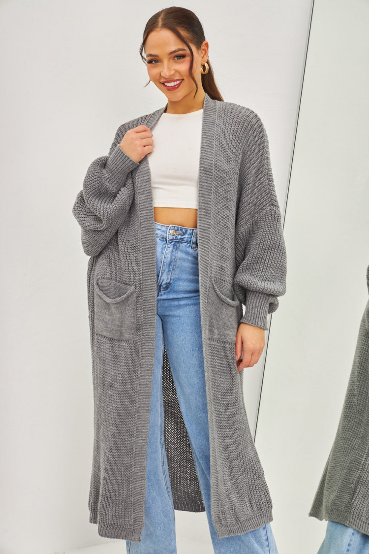 Gilet long ouvert en mailles gris